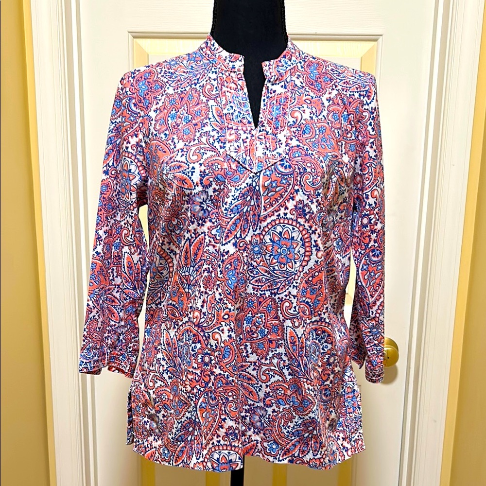Talbots Pink and Blue Paisley Tunic with Mandarin Collar
